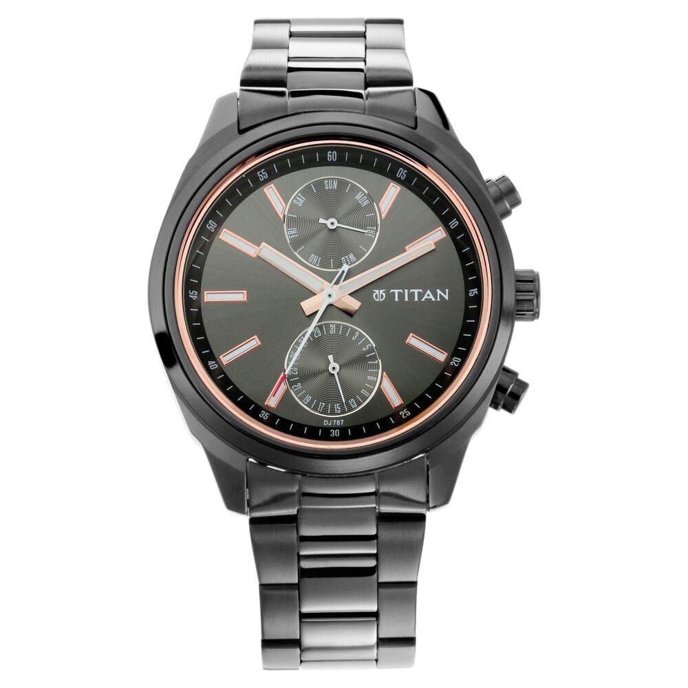 Titan Men's Metropolitan Luxe: Multifunction Mono black Dial with Two-Tone Stainless Steel Bracelet Watch