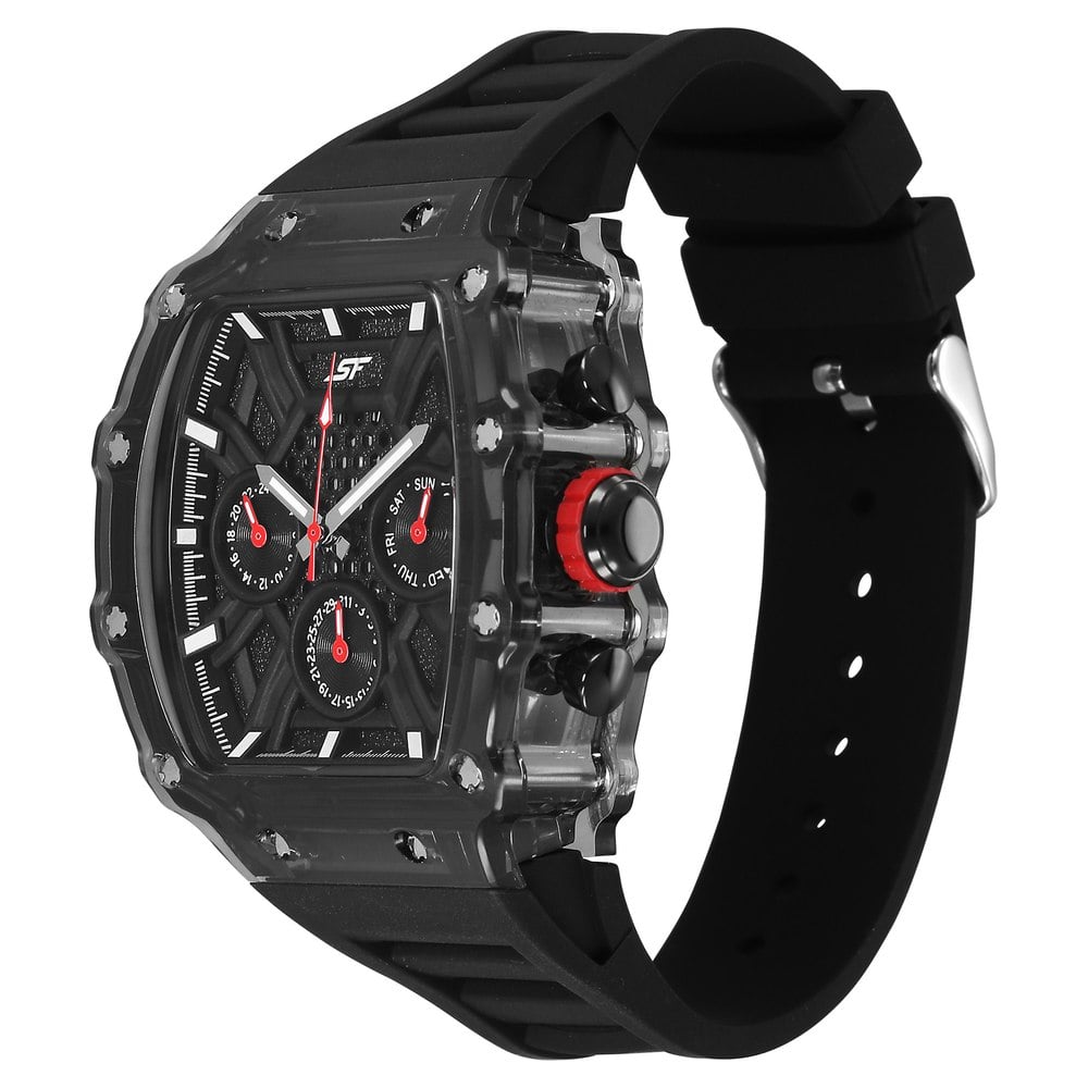SF Maiden Voyage Sport Watch Black dial And Strap wih red accents Tonneau Shaped Case with Multifunction movement