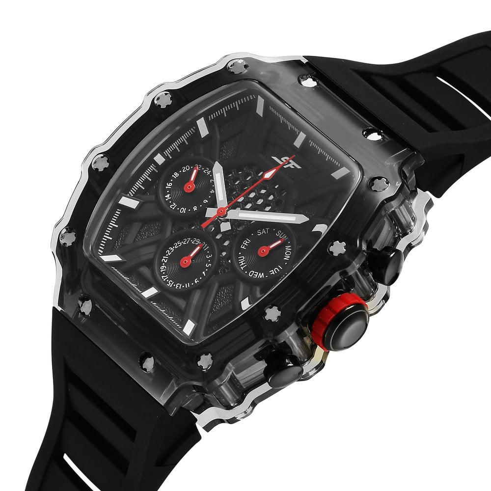 SF Maiden Voyage Sport Watch Black dial And Strap wih red accents Tonneau Shaped Case with Multifunction movement
