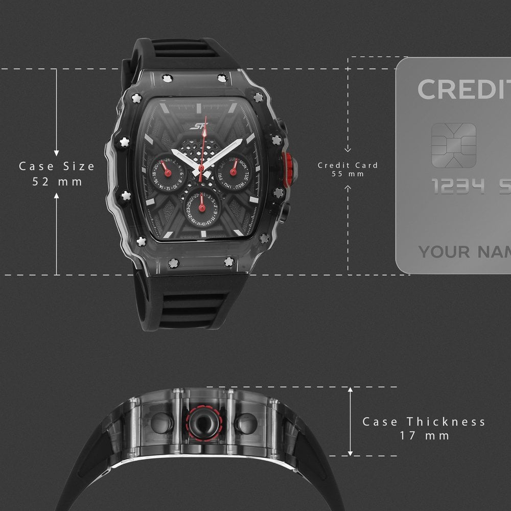 SF Maiden Voyage Sport Watch Black dial And Strap wih red accents Tonneau Shaped Case with Multifunction movement