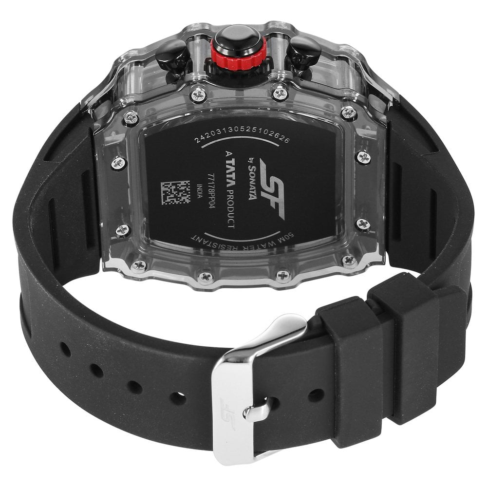 SF Maiden Voyage Sport Watch Black dial And Strap wih red accents Tonneau Shaped Case with Multifunction movement