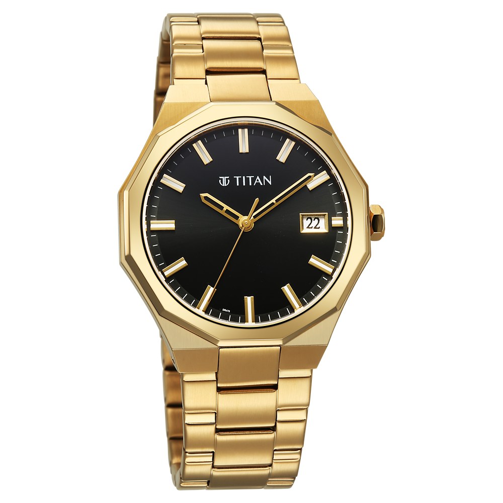 Titan Regalia Dodecagon Quartz Analog with Date Black Dial Golden Stainless Steel Strap Watch For Men