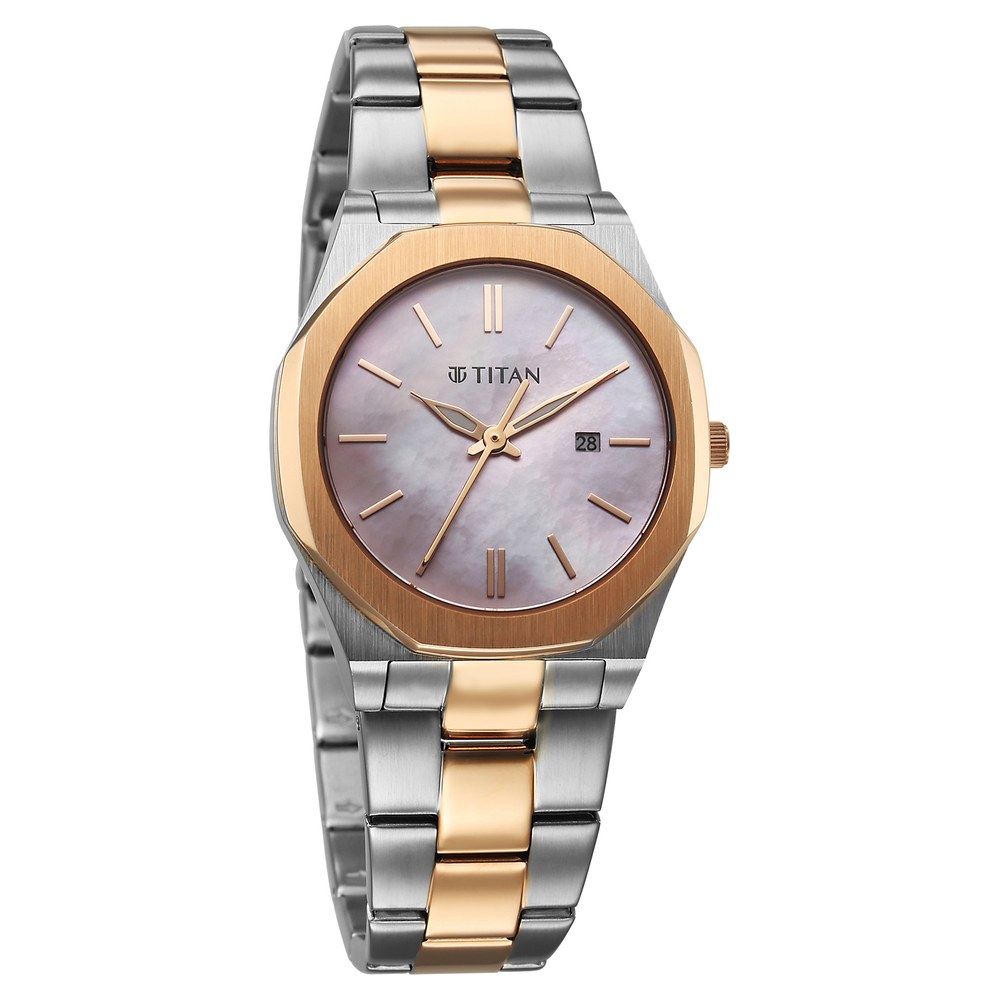 Titan Workday Wonders Quartz Analog with Date Pink Mother Of Pearl Dial Stainless Steel Strap Watch For Women