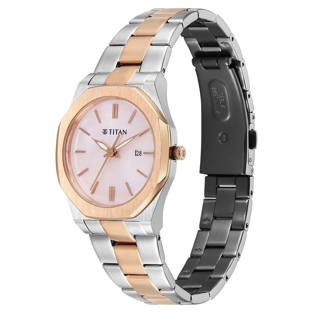 Titan Workday Wonders Quartz Analog with Date Pink Mother Of Pearl Dial Stainless Steel Strap Watch For Women
