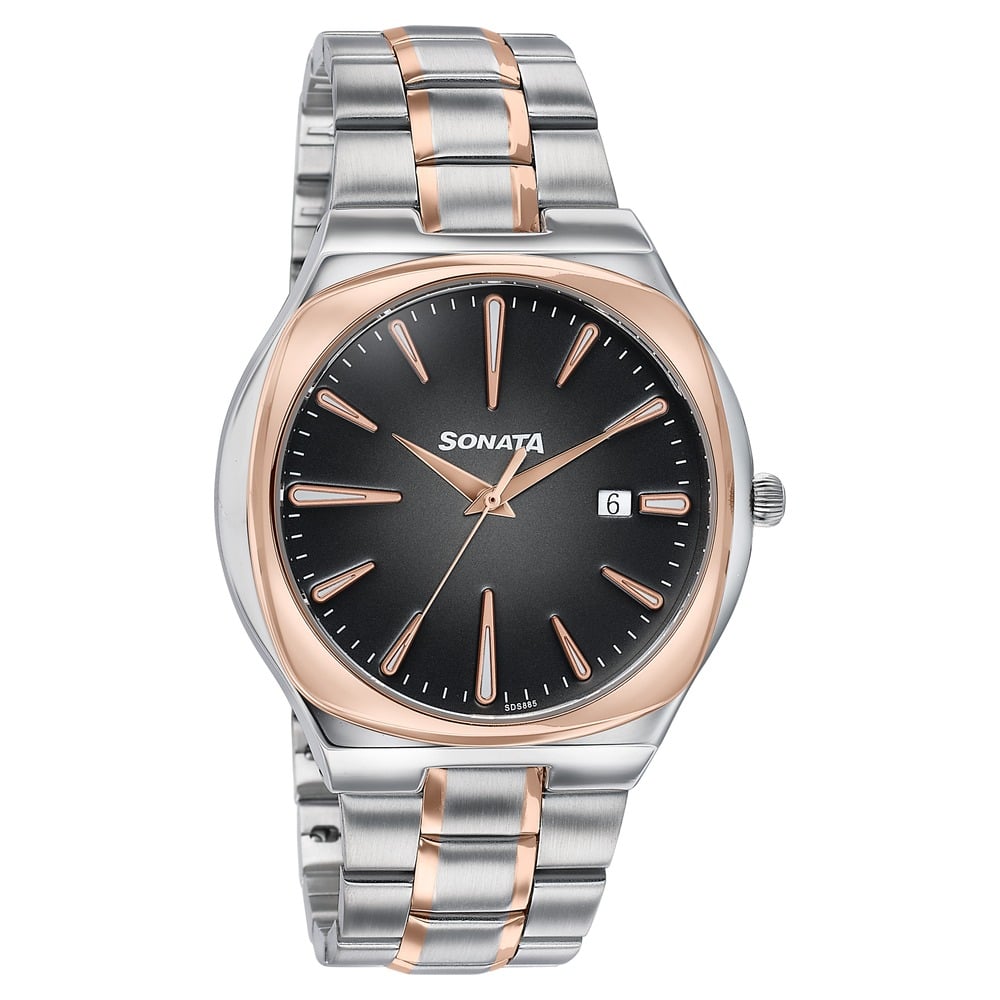 Sonata Festive Quartz Analog Black Dial Two Toned Metal Strap Watch For Men