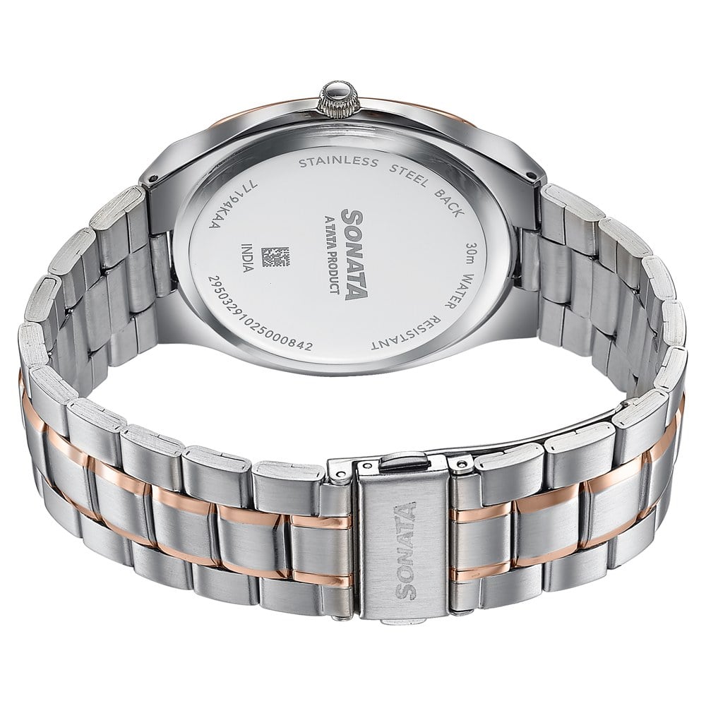 Sonata Festive Quartz Analog Black Dial Two Toned Metal Strap Watch For Men