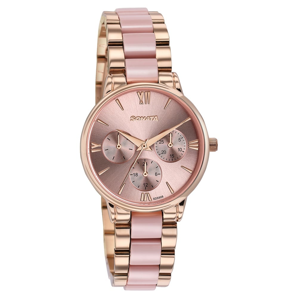 Sonata Festive Quartz Multifunction Pink Dial Two Toned Acetate And Metal Strap Watch For Women