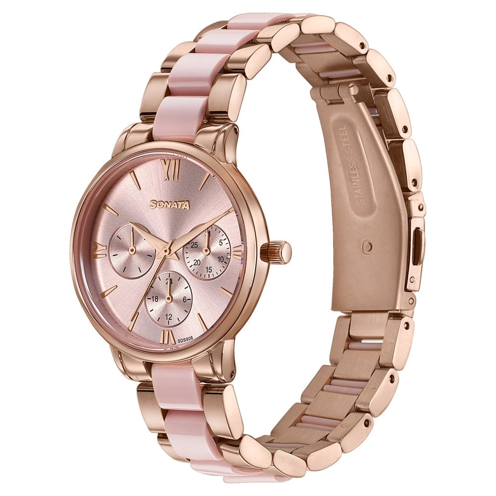 Sonata Festive Quartz Multifunction Pink Dial Two Toned Acetate And Metal Strap Watch For Women