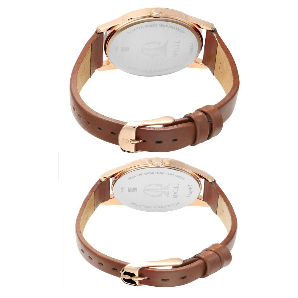 Titan Quartz Analog with Day and Date Silver Dial Leather Strap Watch for Couple