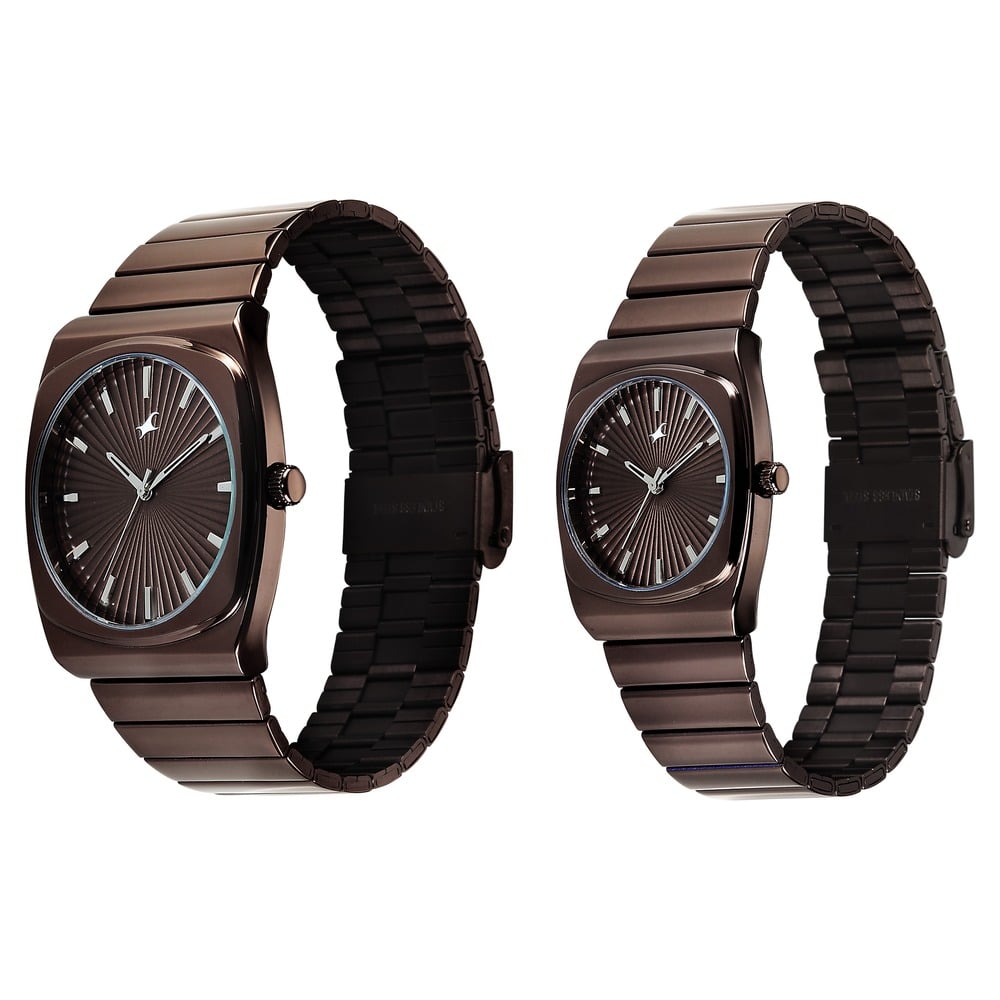 Fastrack Mixmatched Quartz Analog Multicoloured Dial Two Toned Stainless Steel Strap Watch For Couple