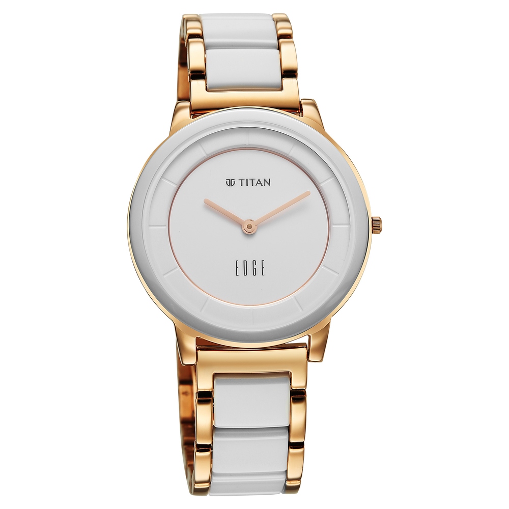 Titan Edge Melange Quartz Analog White Dial Pink Steel & Ceramic Strap Watch For Women