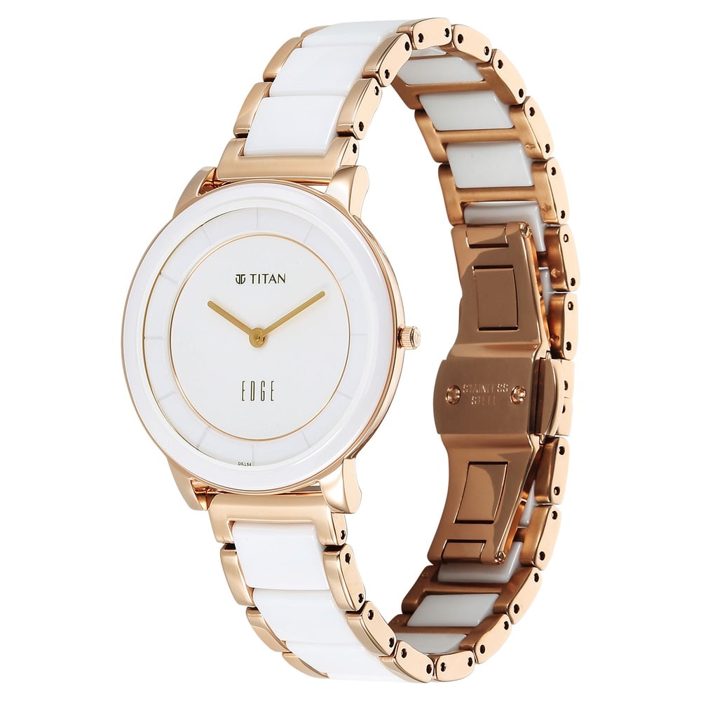 Titan Edge Melange Quartz Analog White Dial Pink Steel & Ceramic Strap Watch For Women