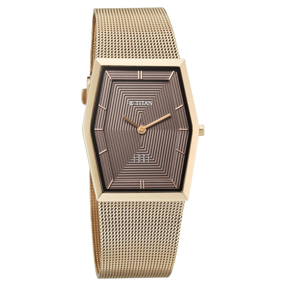 Titan Edge Whimsey Quartz Analog Brown Dial Golden Stainless Steel Strap Watch For Women