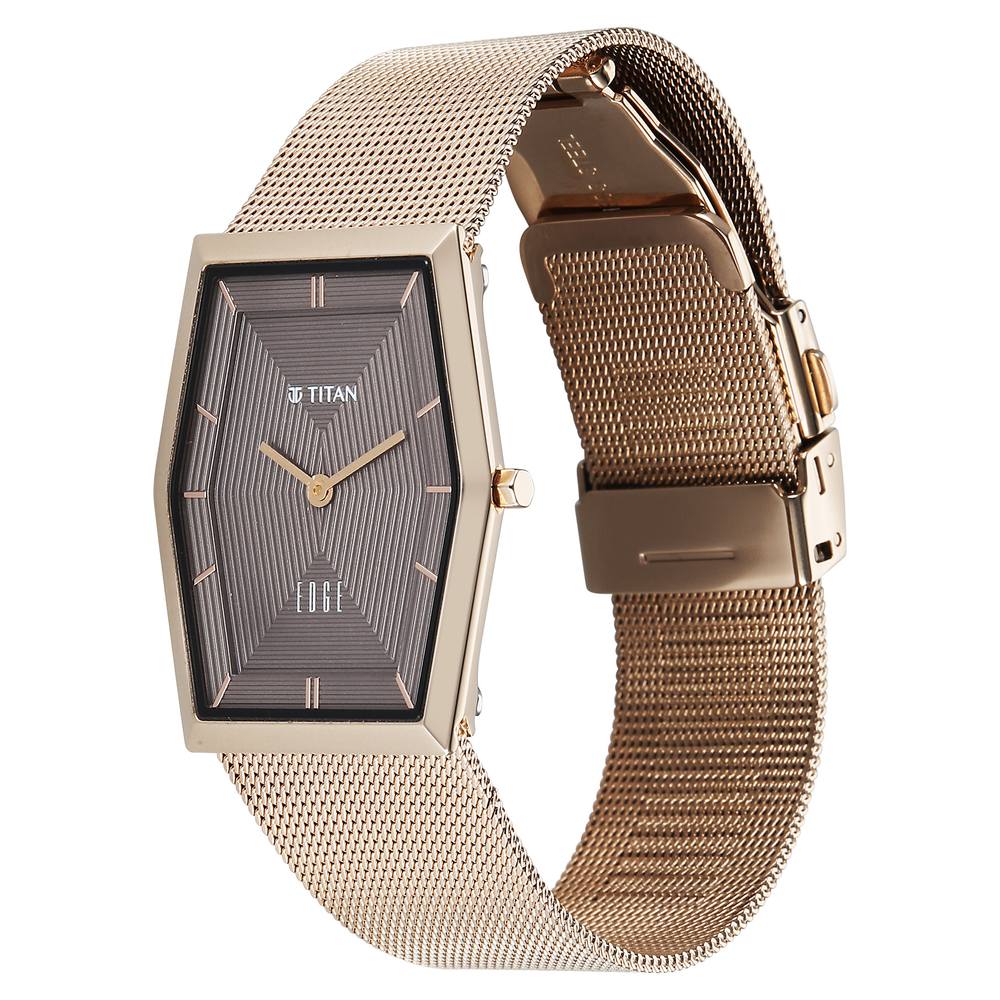Titan Edge Whimsey Quartz Analog Brown Dial Golden Stainless Steel Strap Watch For Women
