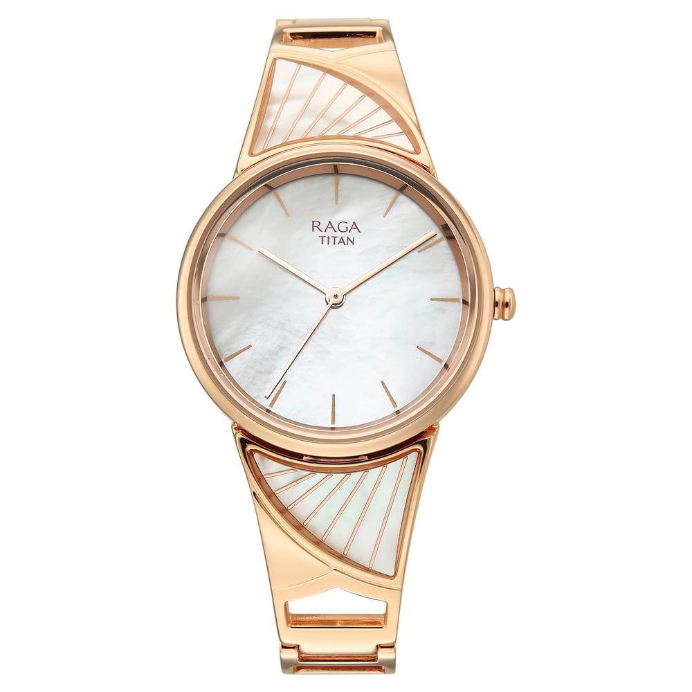 Titan Raga Power Pearls Quartz Analog Mother of Pearl Dial Rose Gold Metal Strap Watch For Women