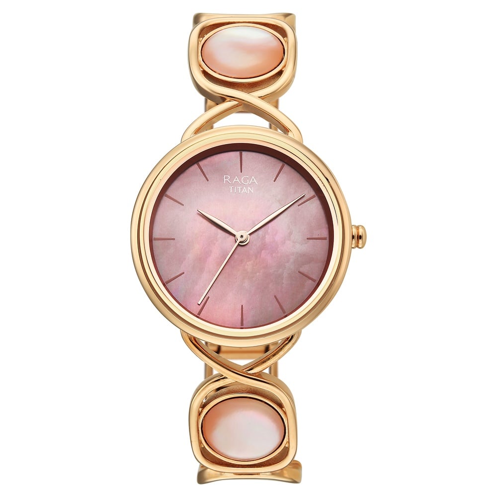 Titan Raga Power Pearls Quartz Analog Mother of Pearl Dial Rose Gold Metal Strap Watch For Women