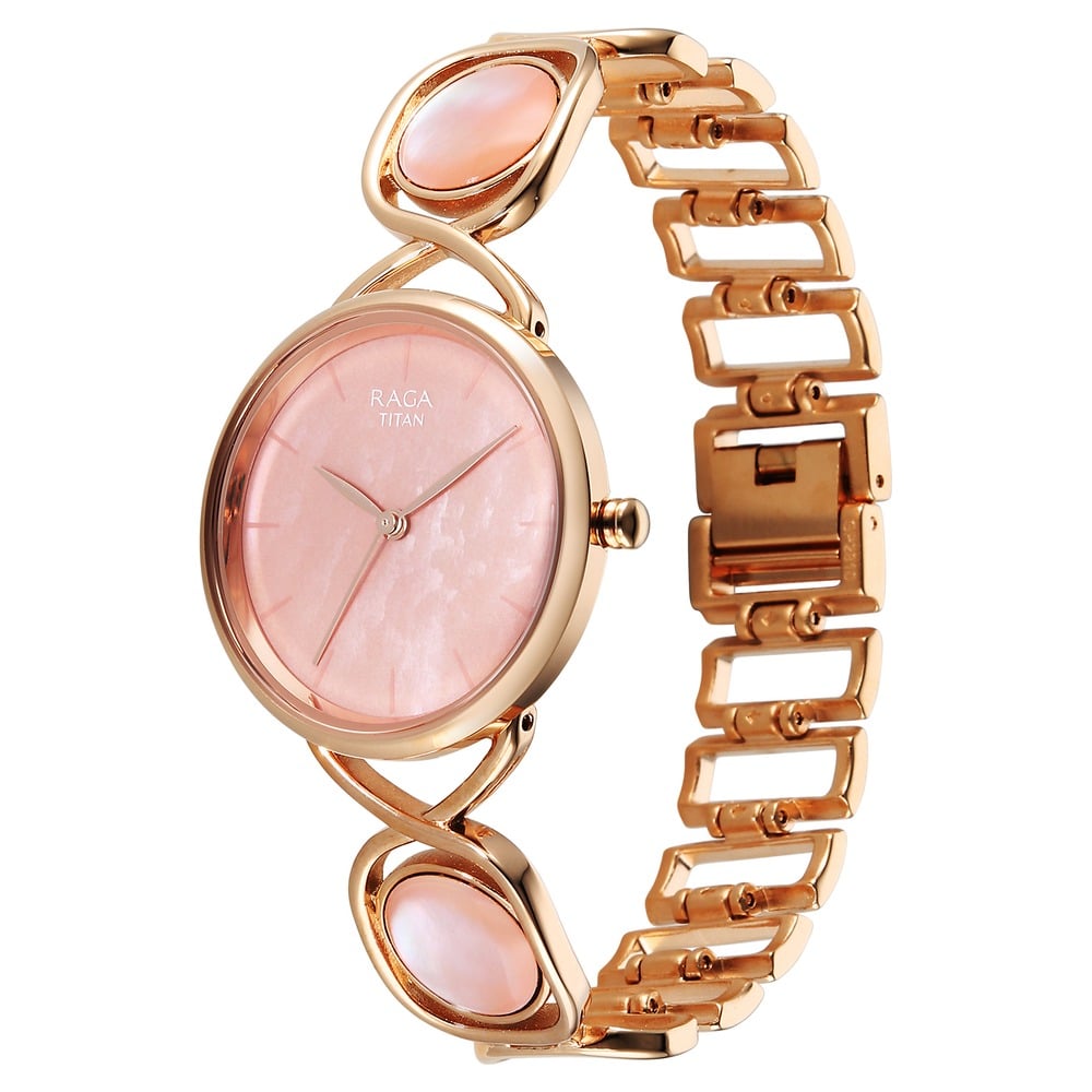Titan Raga Power Pearls Quartz Analog Mother of Pearl Dial Rose Gold Metal Strap Watch For Women