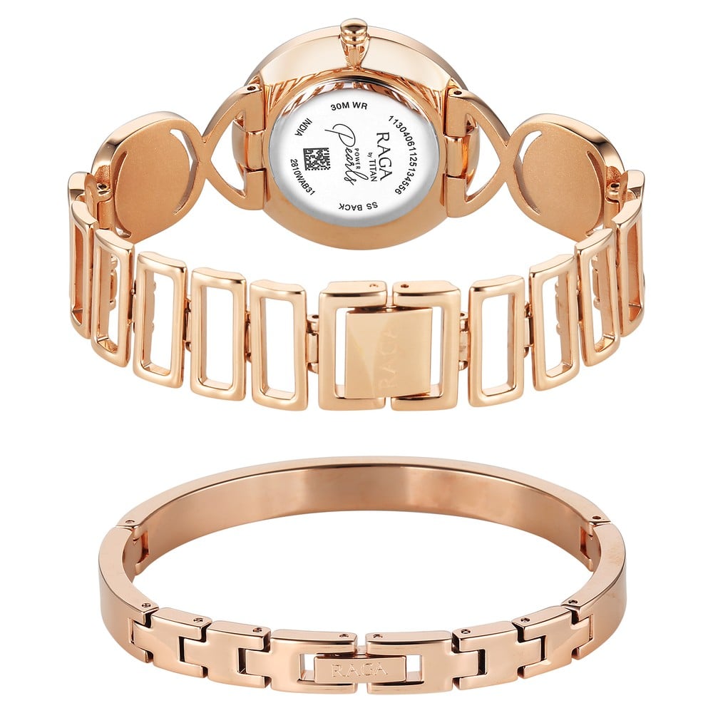 Titan Raga Power Pearls Quartz Analog Mother of Pearl Dial Rose Gold Metal Strap Watch For Women