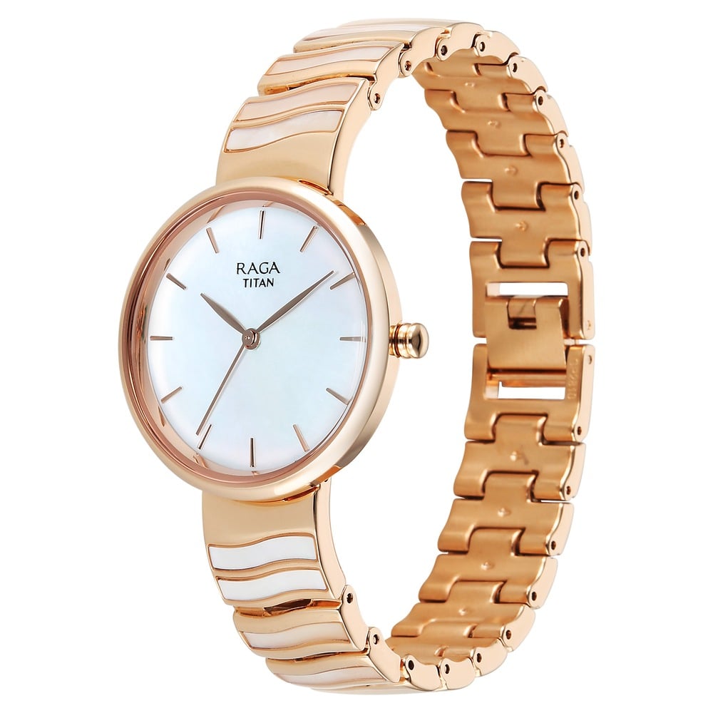 Titan Raga Power Pearls Quartz Analog Mother of Pearl Dial Rose Gold Metal Strap Watch For Women