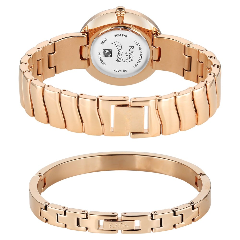 Titan Raga Power Pearls Quartz Analog Mother of Pearl Dial Rose Gold Metal Strap Watch For Women