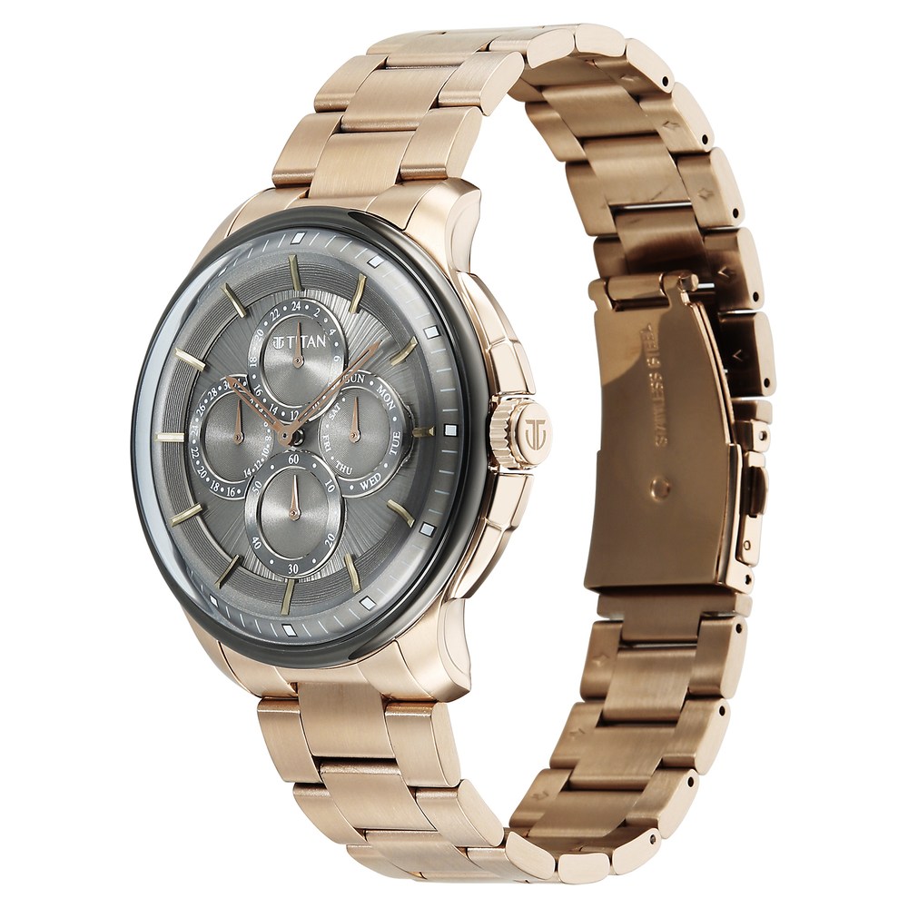 Titan Classique Four Eye Multifunction Analog with Anthracite Dial Carnation Gold Stainless Steel Strap Watch for Men
