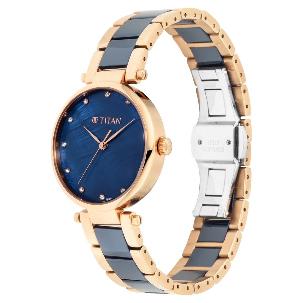 Titan Quartz Analog Blue Dial Ceramic Strap Watch for Women