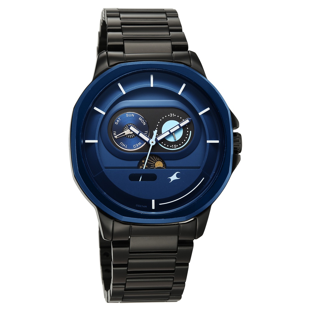 Fastrack Street Opulence Quartz Sun Moon Multifunction Blue Dial Black Stainless Steel Strap Watch For Guys