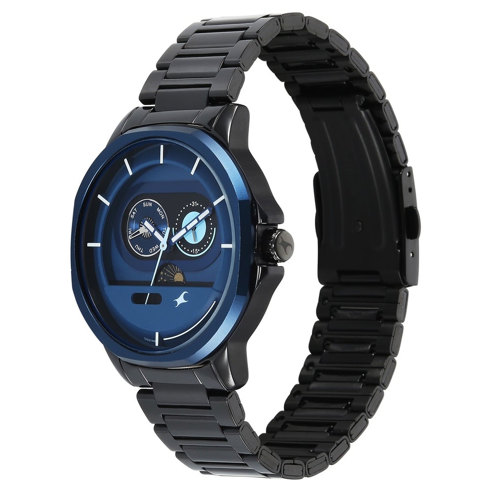 Fastrack Street Opulence Quartz Sun Moon Multifunction Blue Dial Black Stainless Steel Strap Watch For Guys