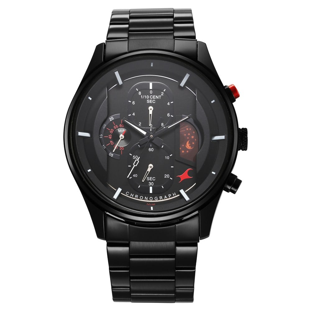 Fastrack Opulence Sun Moon Chronograph Black Dial Black Metal Strap Analog Quartz Watch For Guys