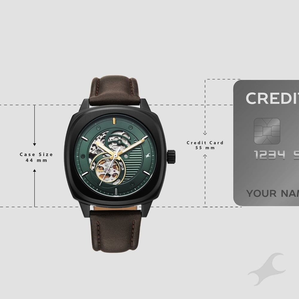 Fastrack Automatics Collection Green Dial Brown Leather Strap Watch For Guys