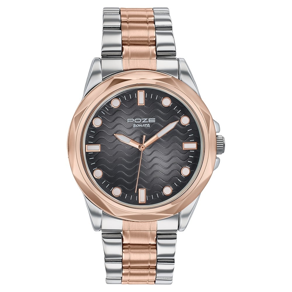 Poze By Sonata Quartz Analog Black Dial Two Toned Metal Strap Watch For Men