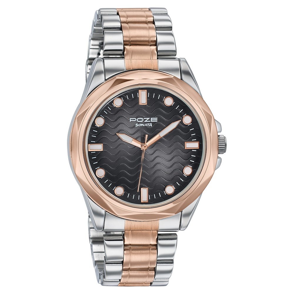 Poze By Sonata Quartz Analog Black Dial Two Toned Metal Strap Watch For Men