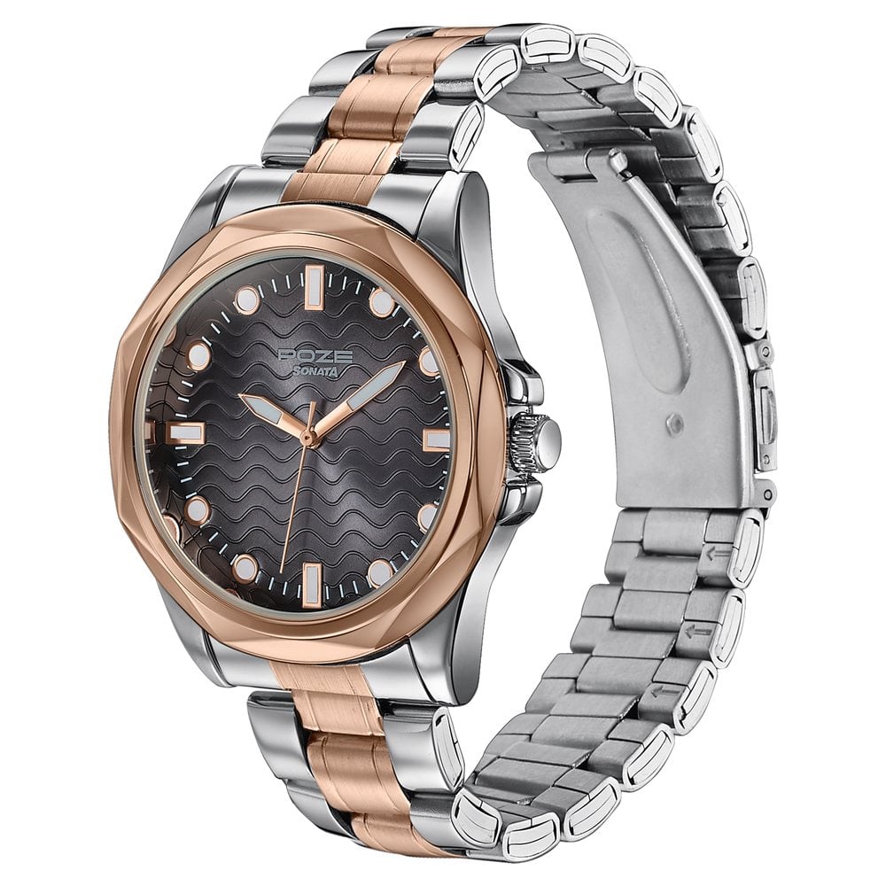 Poze By Sonata Quartz Analog Black Dial Two Toned Metal Strap Watch For Men