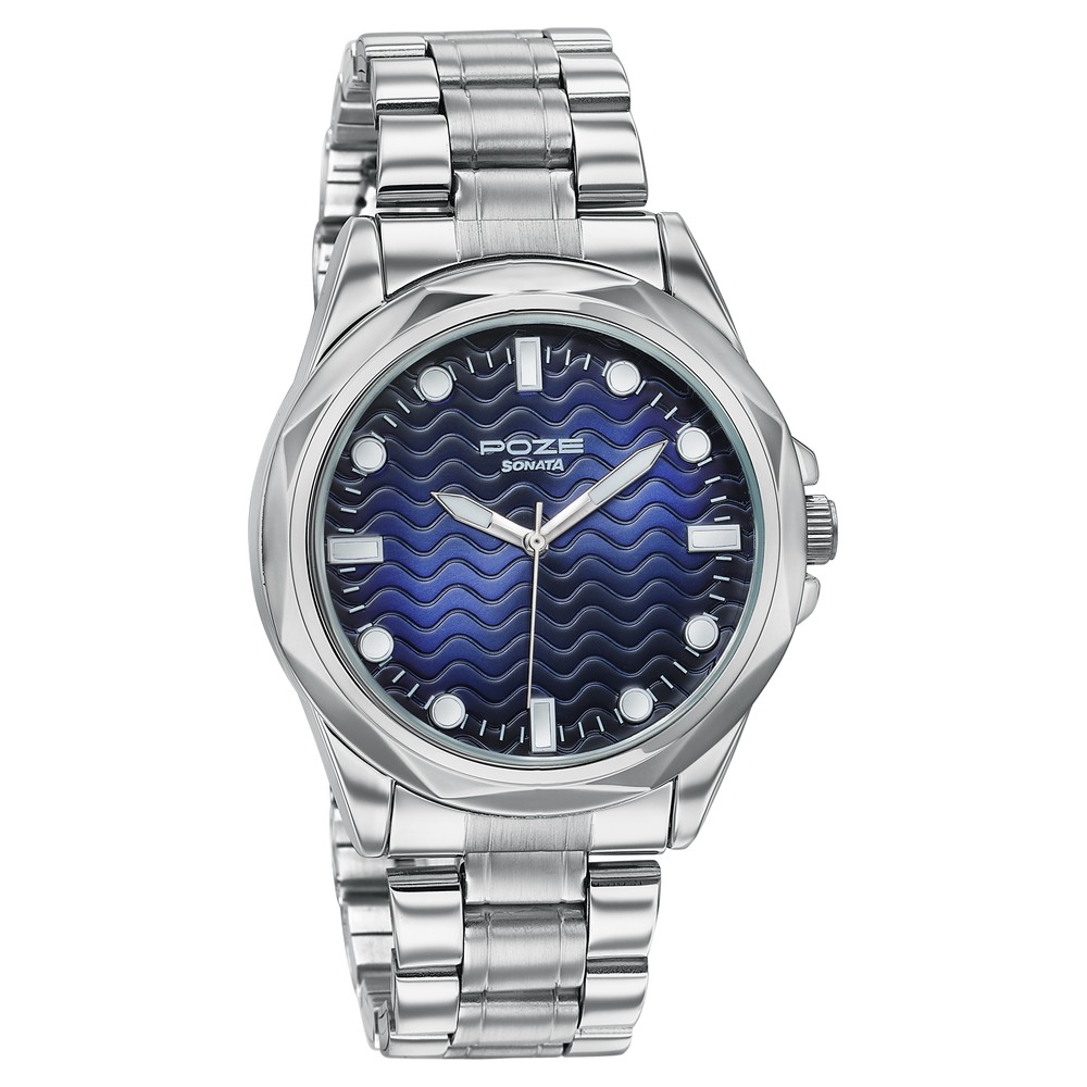 Poze By Sonata Quartz Analog Blue Dial Silver Metal Strap Watch For Men