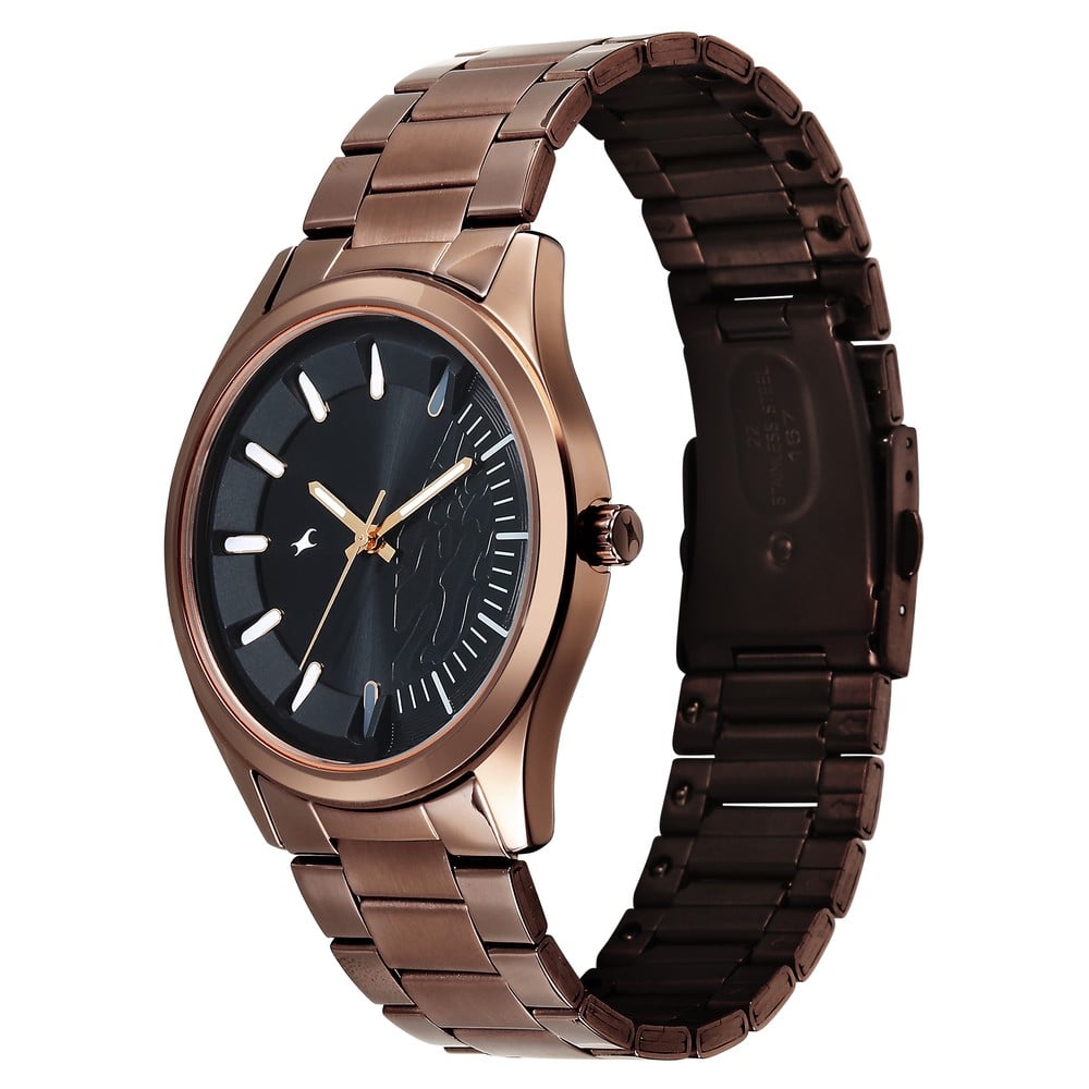 Fastrack Wild Quartz Analog Black Dial Brown Metal Strap Watch For Guys