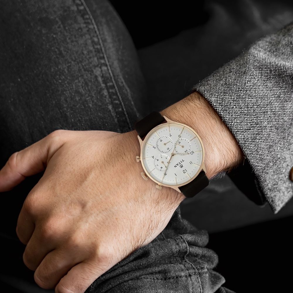 Titan Quartz Multifunction White Dial Leather Strap Watch for Men
