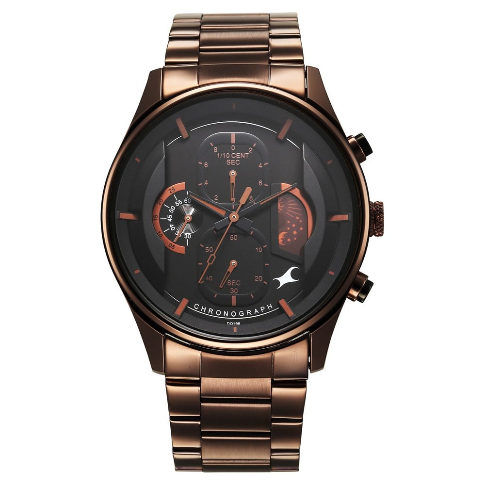Fastrack Opulence Sun Moon Chronograph Black Dial Brown Metal Strap Analog Quartz Watch For Guys