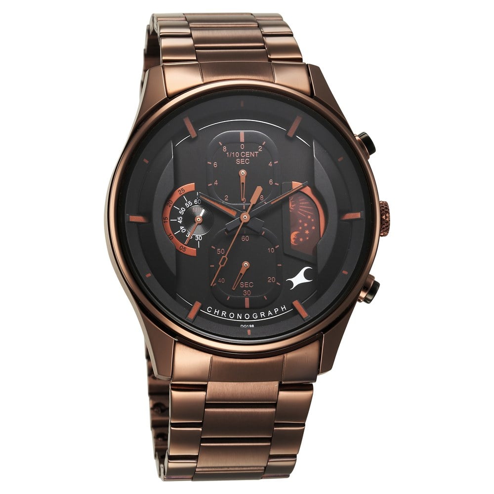 Fastrack Opulence Sun Moon Chronograph Black Dial Brown Metal Strap Analog Quartz Watch For Guys