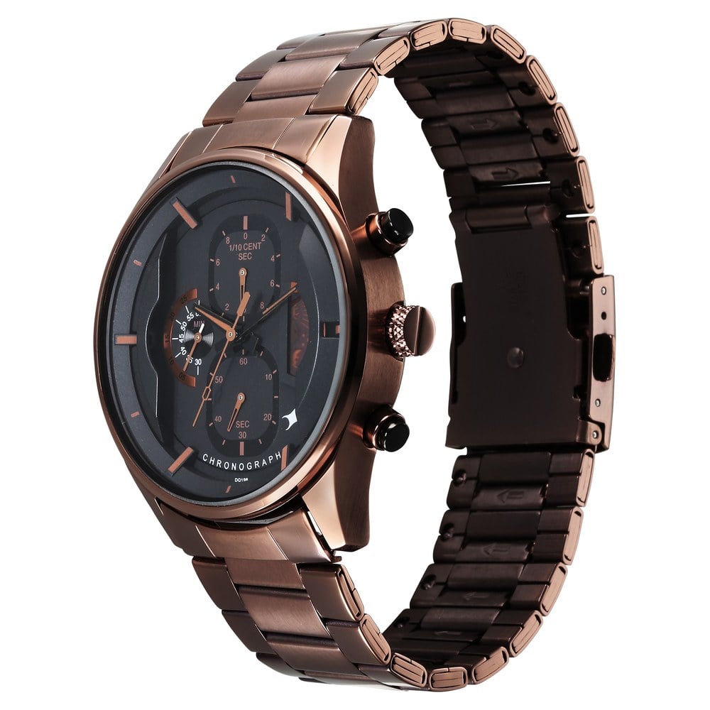 Fastrack Opulence Sun Moon Chronograph Black Dial Brown Metal Strap Analog Quartz Watch For Guys