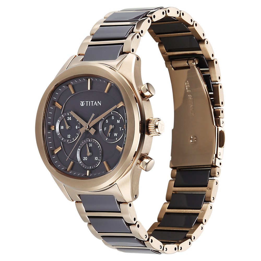 Titan Classique Ceramic Fusion Men's Multi-Function Watch with Glossy Steel Case & Mineral Crystal