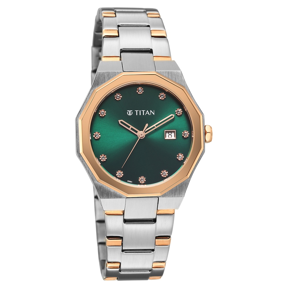 Titan  Purple Time Deluxe Quartz Analog Green Dial Two Toned Metal Strap Watch For Women