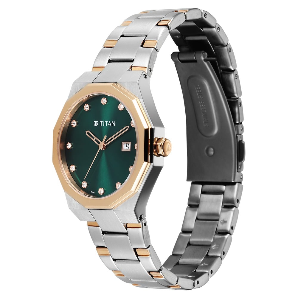 Titan  Purple Time Deluxe Quartz Analog Green Dial Two Toned Metal Strap Watch For Women