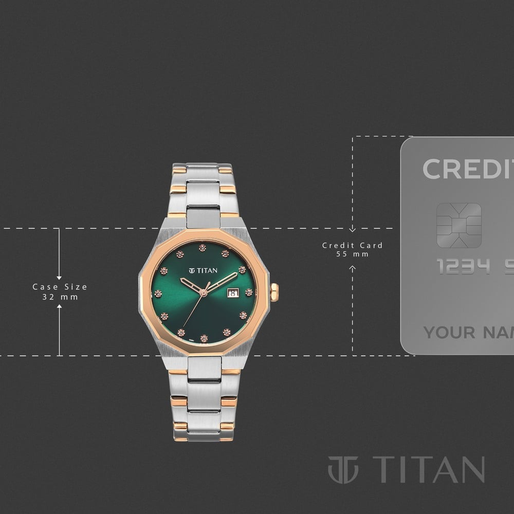 Titan  Purple Time Deluxe Quartz Analog Green Dial Two Toned Metal Strap Watch For Women
