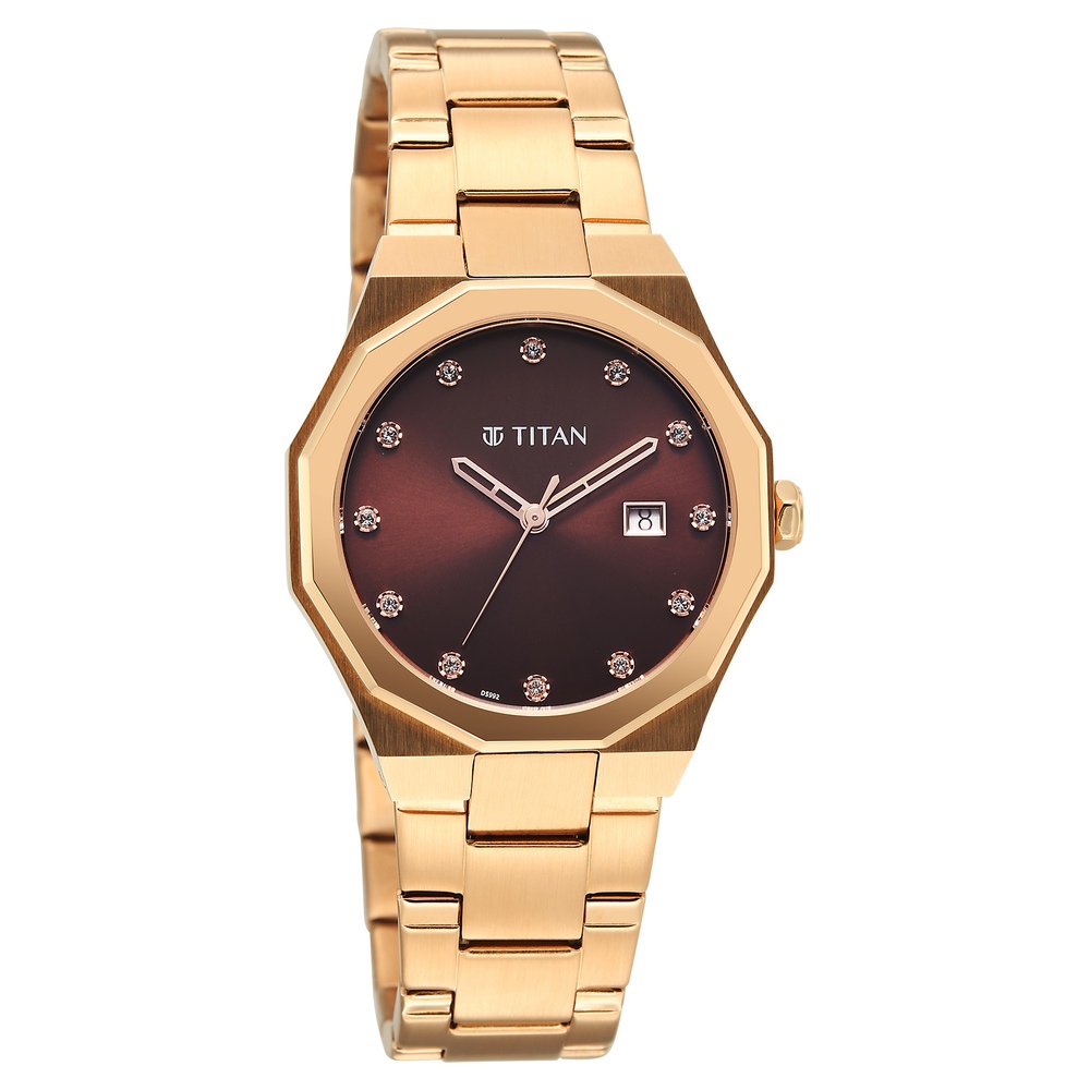 Titan  Purple Time Deluxe Quartz Analog Brown Dial Rose Gold Metal Strap Watch For Women