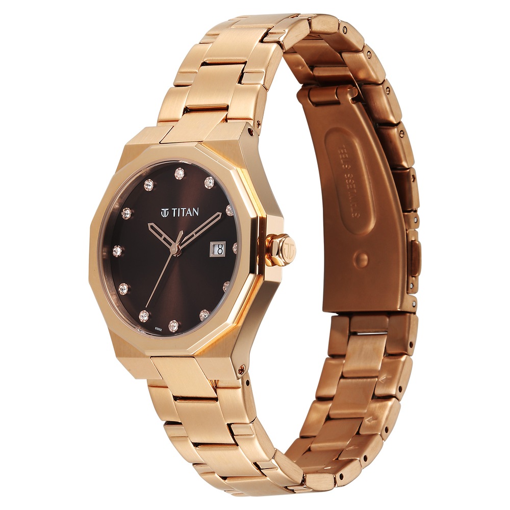 Titan  Purple Time Deluxe Quartz Analog Brown Dial Rose Gold Metal Strap Watch For Women
