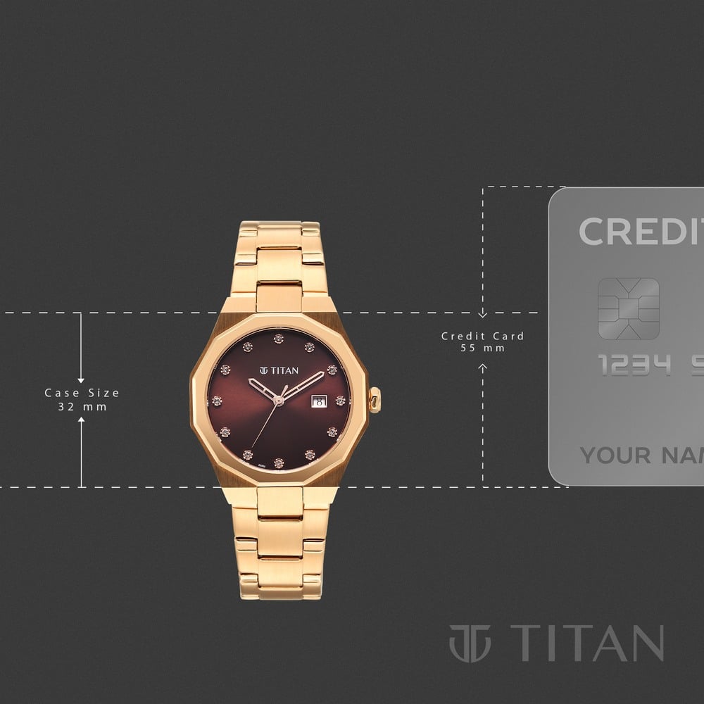 Titan  Purple Time Deluxe Quartz Analog Brown Dial Rose Gold Metal Strap Watch For Women