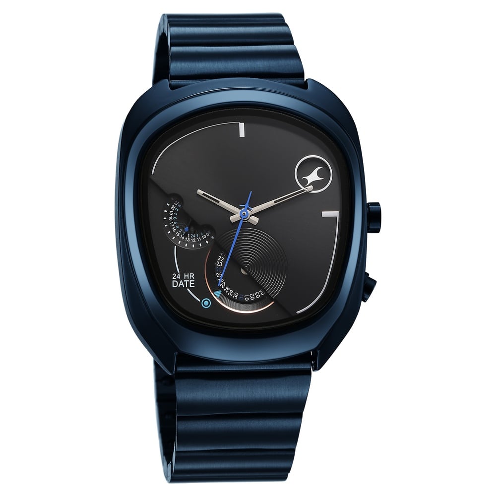 Fastrack UFO Quartz Multifunction Black Dial Blue Stainless Steel Strap Watch For Guys