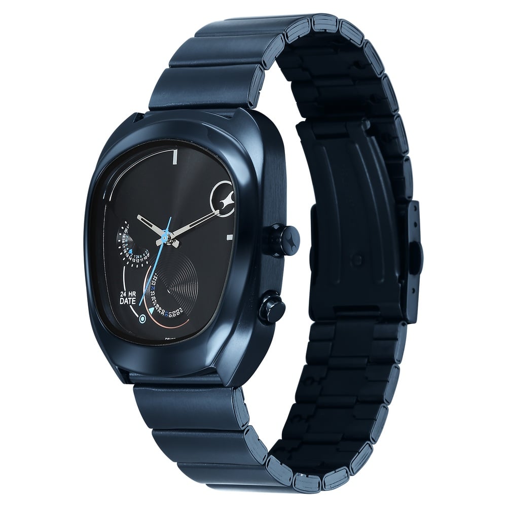 Fastrack UFO Quartz Multifunction Black Dial Blue Stainless Steel Strap Watch For Guys