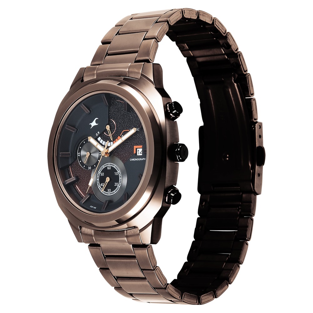 Fastrack Kronos Guys Chronograph Watch With Date Black Dial & Brown Stainless Steel Strap
