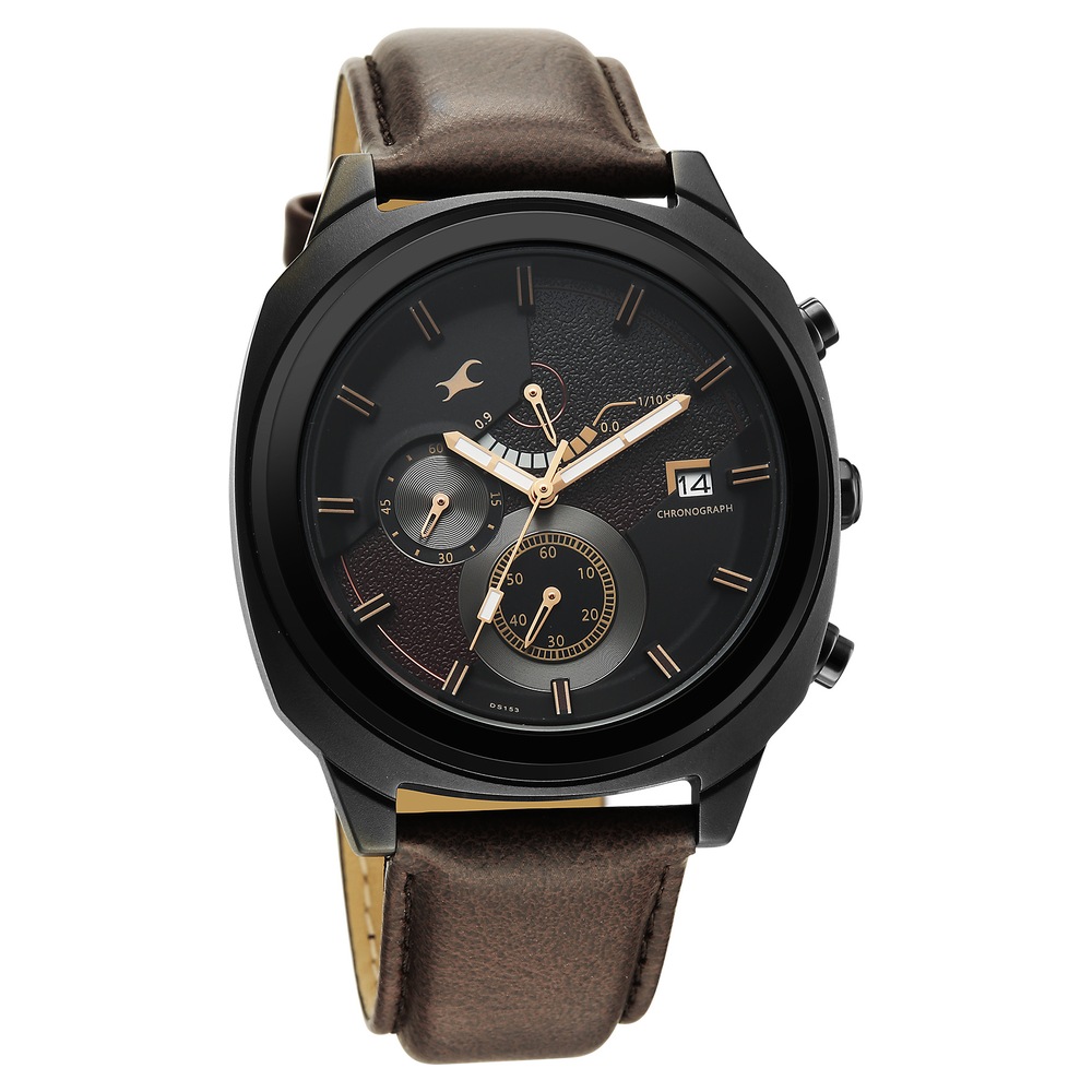 Fastrack Kronos Guys Chronograph Watch With Date Black Dial & Brown Leather Strap